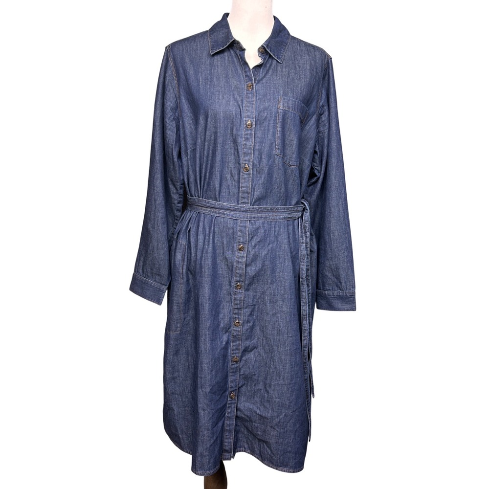 J Jill Denim Shirt Dress Womens XL Tall Blue Button Front Belted Cotton Utility
